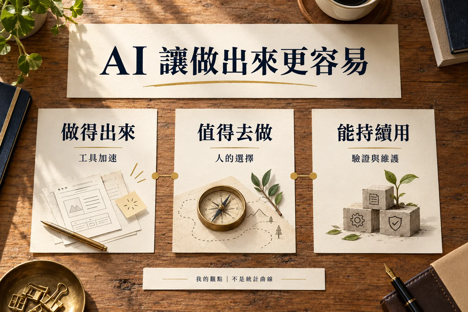 原創觀點圖:AI 讓做出來更容易;做得出來是工具加速,值得去做是人的選擇,能持續用需要驗證與維護。
