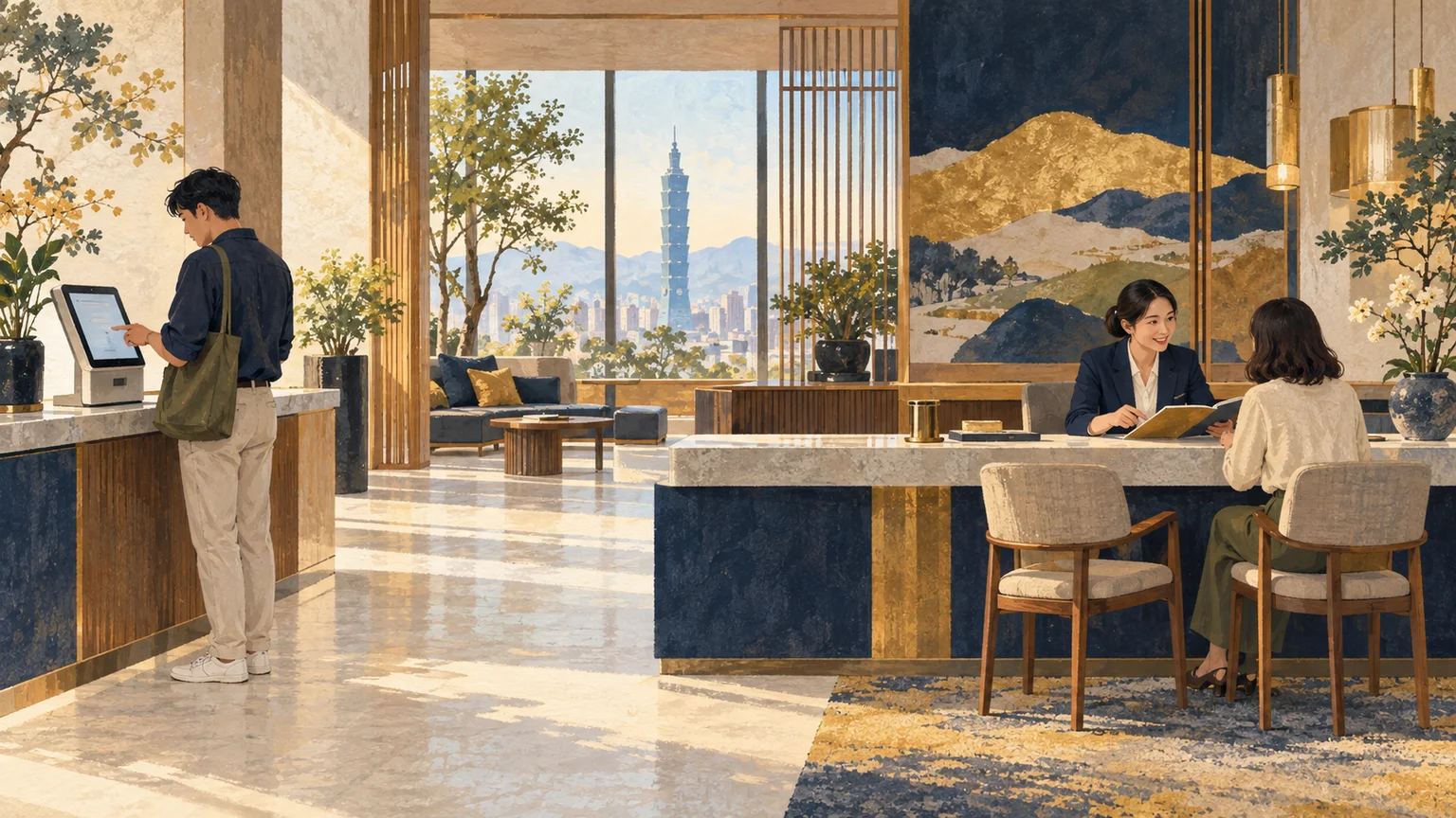 情境插畫：一位訪客使用自助查詢，另一位訪客與服務人員坐下討論，呈現不同需求有不同的服務方式。