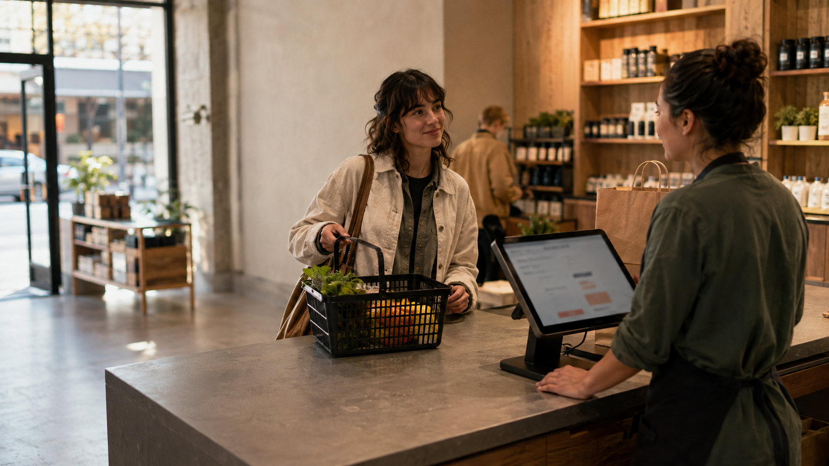 匿名門市中,店員在櫃檯用平板接待提著購物籃的顧客